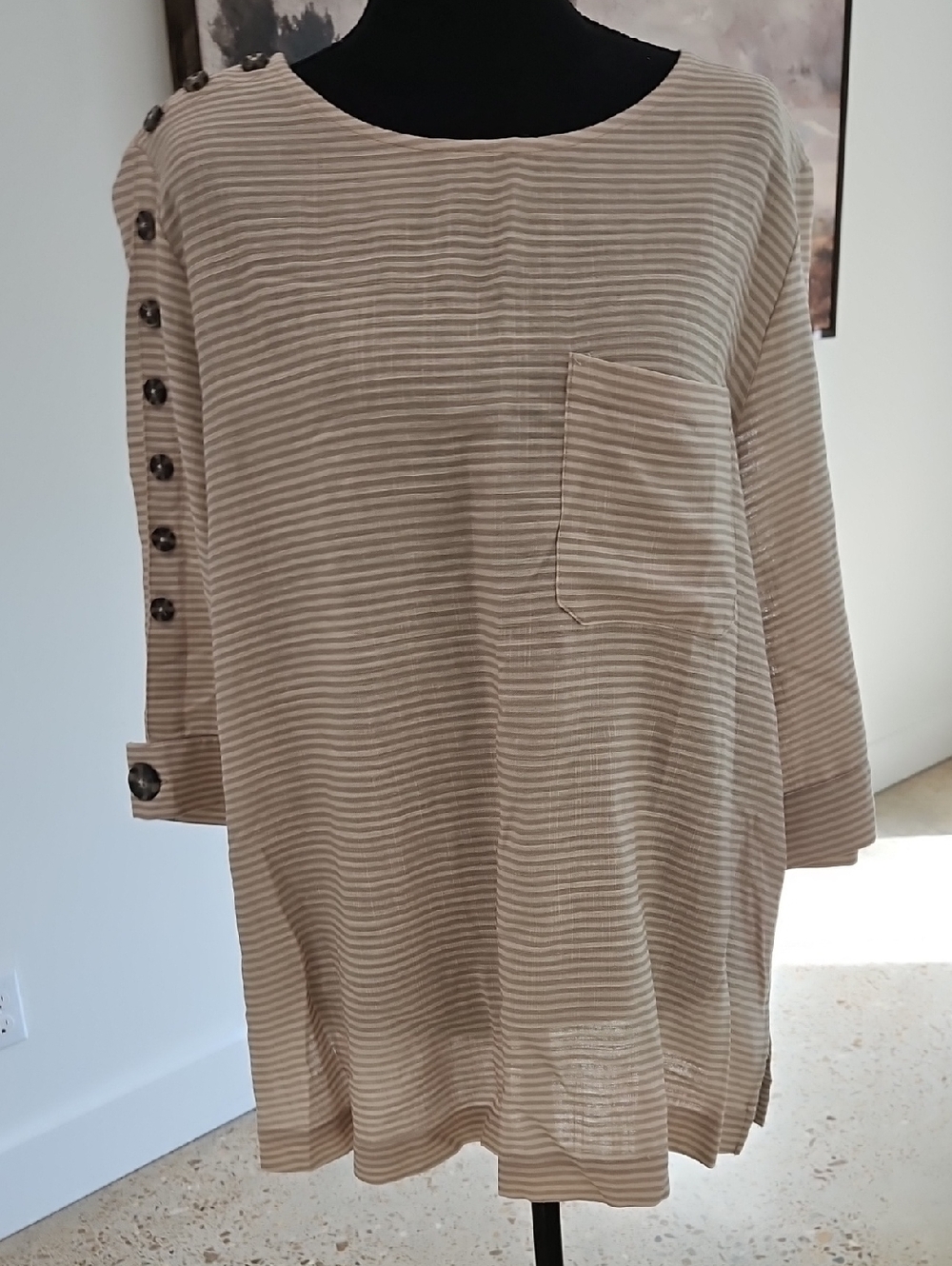 LopAli Miles Cream and Beige Striped Tunic Top. Size L